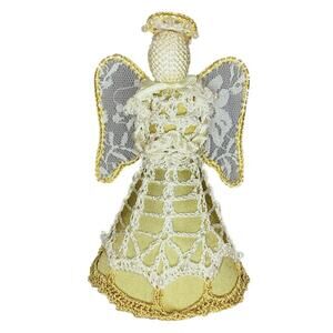 Vintage Crochet Angel Ornament Tree Topper Christmas Gold Handmade Lace 6" Decor